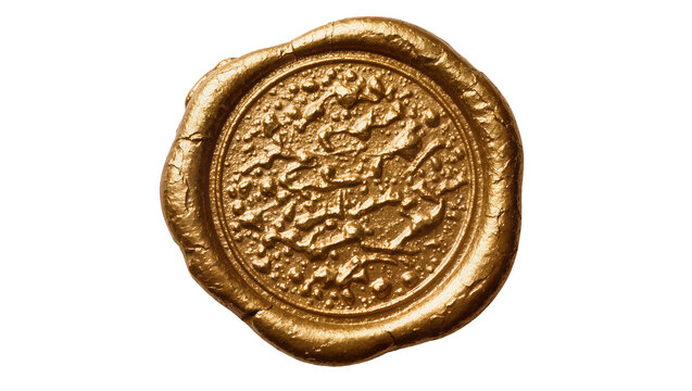 Golden wax seal with intricate embossed pattern, isolated on transparent background