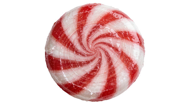 Round red and white striped hard candy with a glossy finish, isolated on transparent background