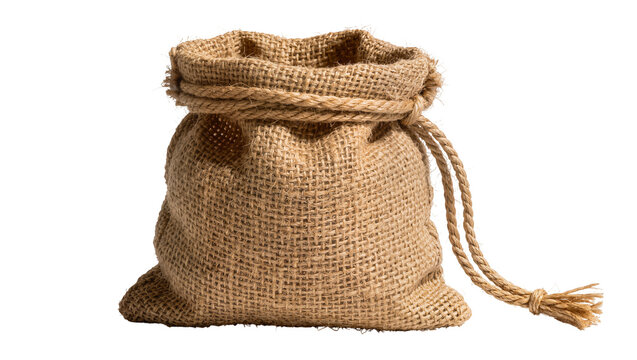 Empty burlap drawstring bag with thick rope closure, isolated on transparent background