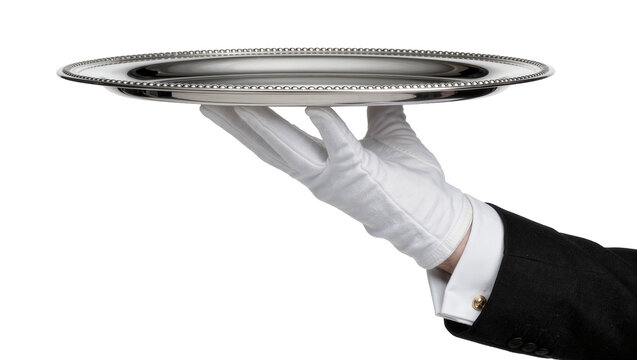 Butler s hand in white glove holding silver beaded tray, isolated on transparent background