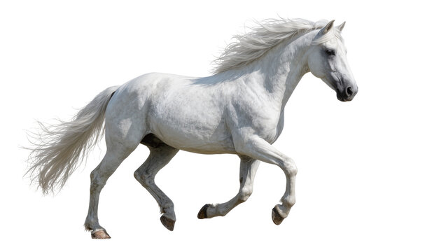 Majestic white horse galloping with flowing mane, isolated on transparent background