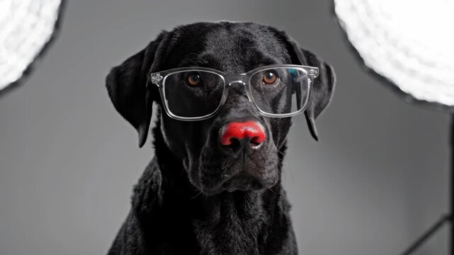 Humorous portrait of a black Labrador dog with glasses and a red nose.