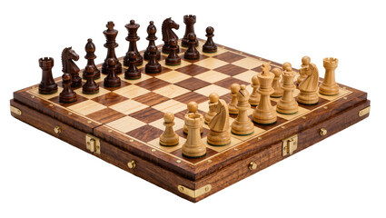 Wooden chess set with dark and light pieces ready for play, isolated on transparent background © Luca
