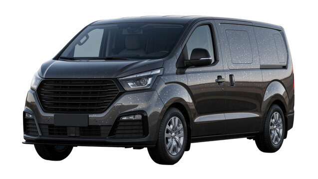 Dark grey metallic minivan with sliding doors, isolated on transparent background