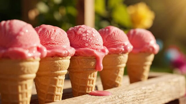 Five delicious pink ice cream scoops in waffle cones melting on a rustic wooden surface outdoors in summer sun.