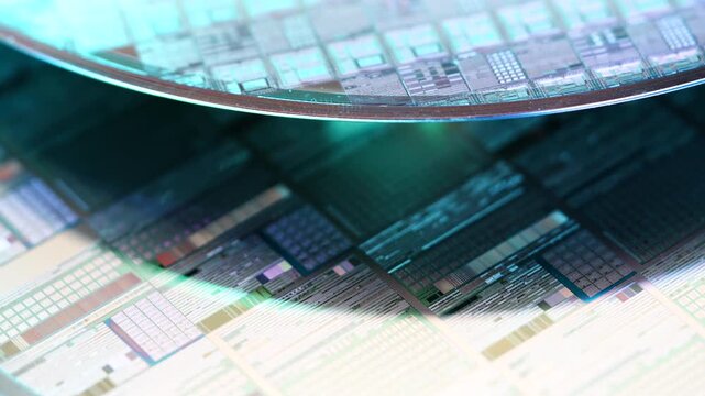 wafer silicon monocrystalline  with microchips after photolithography etching manufacturing reflecting different colors used in fabrication of electronic integrated circuits.