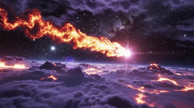 Epic space scene with fiery meteor burning through purple clouds and twinkling stars in cosmic fantasy