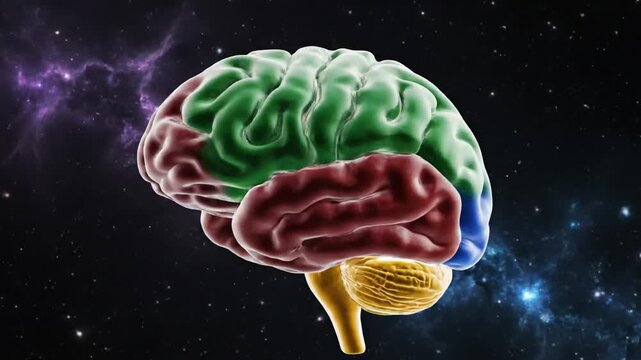Brain anatomy with colored lobes and stem against a backdrop of the cosmos with bright nebulas