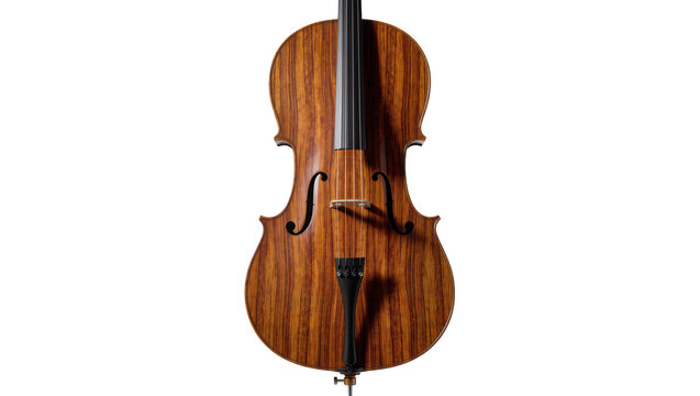 Orchestral cello with rich brown wood grain and ebony fingerboard, isolated on transparent background