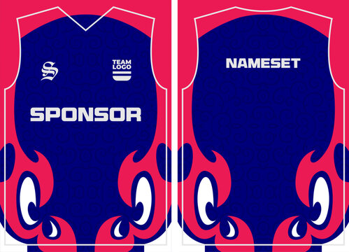 Royal blue and red fire flame graphic soccer uniform set displaying front and back jersey