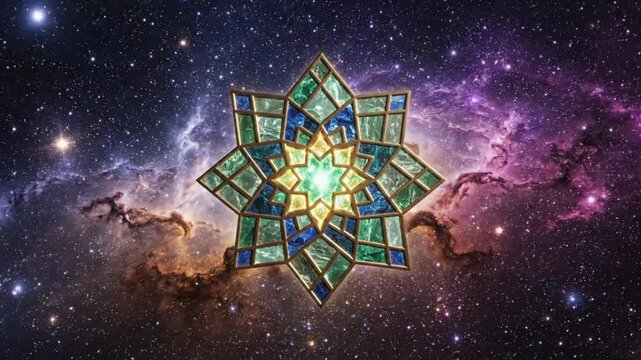 Geometric stained glass star mandala with shimmering celestial energy floating in outer space with sparkling stars and nebula clouds