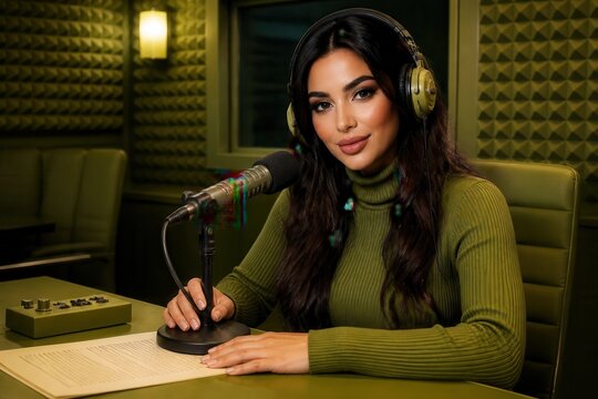 Podcast host recording in a modern studio booth