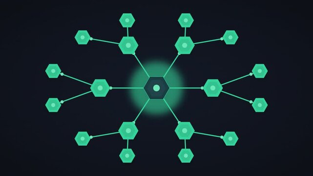 Dark tech network diagram of hexagon nodes connected by a branching signal path &mdash; a traveling data pulse charges the entire network from a central hub outward, then retraces for a perfectly seamless l