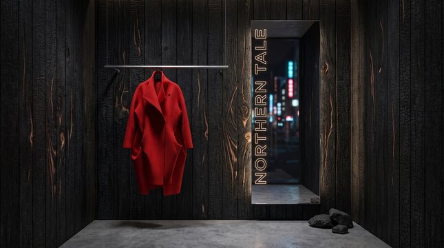 Surreal minimalist entryway of a dark yakisugi urban cabin with a scarlet luxury coat and &ldquo;NORTHERN TALE&rdquo; illuminated mirror