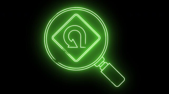 Green Neon Magnifying Glass Over U-Turn Sign Abstract Background.