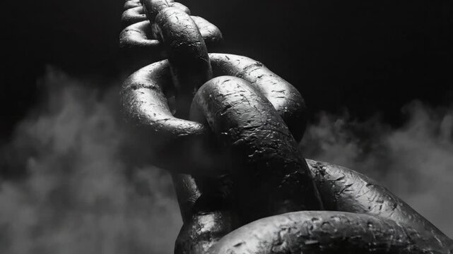 Low angle close up of a massive metal chain links with dark atmospheric background and smoke effects