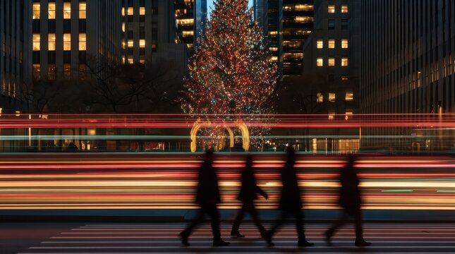 Large Glowing Christmas Tree Between Office Buildings with Motion Blurred Pedestrians and Traffic Light Trails