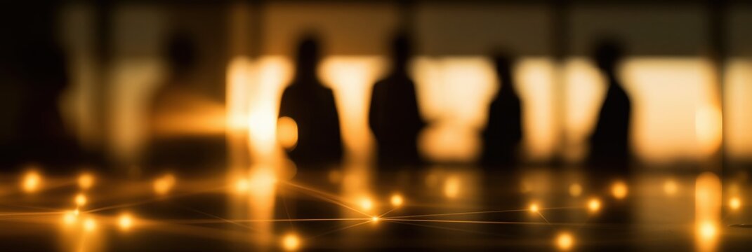 Glowing Golden Digital Network Mesh Grid Over Blur Silhouettes of Business Professionals Meeting