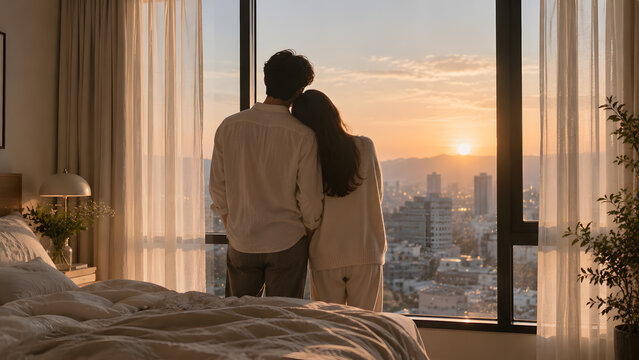 Romantic couple watching a golden sunset over the city from a cozy bedroom, creating a warm intimate lifestyle scene.