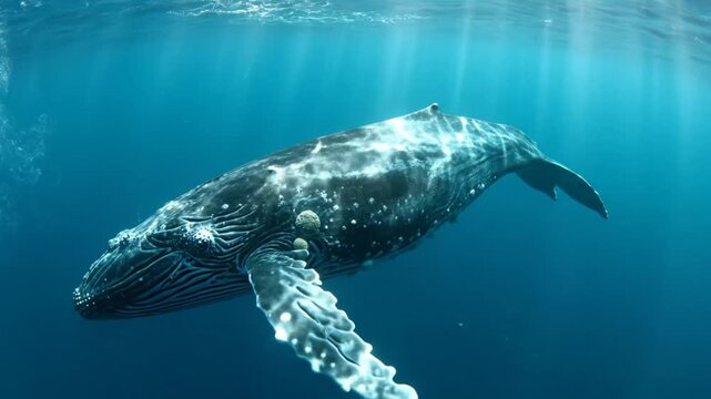 Graceful humpback whale swimming underwater in ocean sunlight, showing detailed skin and flipper texture