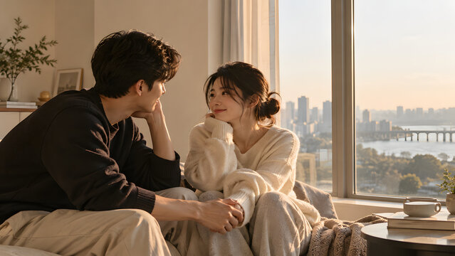 Romantic couple sharing a tender moment at home by the window, surrounded by warm golden-hour sunlight and city views.