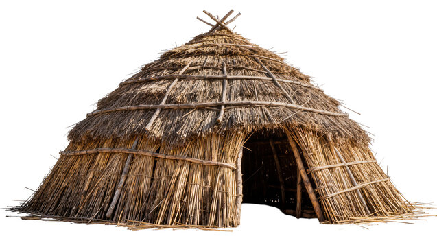 Primitive thatched hut with wooden frame, isolated on transparent background