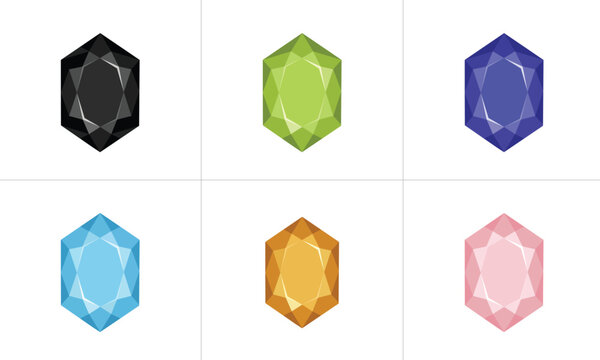 Colorful Hexagonal Faceted Gemstones Set Vector, Luxury Precious Crystal Jewels Onyx Sapphire Peridot Citrine Illustration, Geometric Faceted Gemstone Cut Icons Vector, Hexagon Crystal Jewelry Stones 