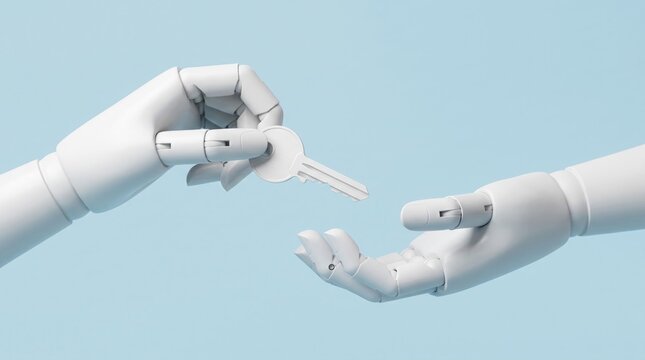 Robotic white hands gracefully transfer a shiny metal key between each other in this bright modern high resolution studio render