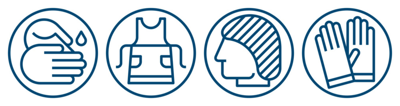 Wash your hands, safety apron and hair net fitting, putting on nitrile gloves must be worn sign. Food industry infographics. Food manufacturing instructions symbols.