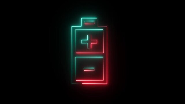 A glowing neon battery icon with a green plus sign on top and a red minus sign below against a dark background.