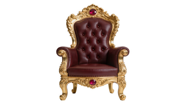Ornate gold throne chair with tufted burgundy leather and ruby accents, isolated on transparent background