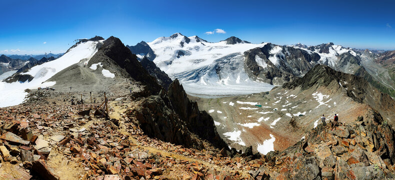Panorama of Pitztal mountain top glacier with Wildspitze in Austria Alps, Tirol