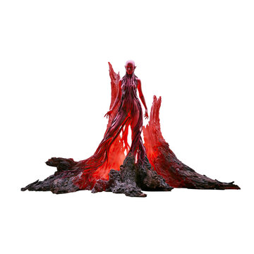 Crimson red magma dryad emerging from volcanic rock isolated on transparent background PNG element