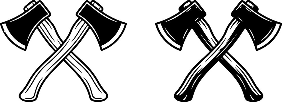 Vintage crossed axes graphic icon set in black and white with vintage logo camping gear outdoor tool hand tool wood axe lumberjack