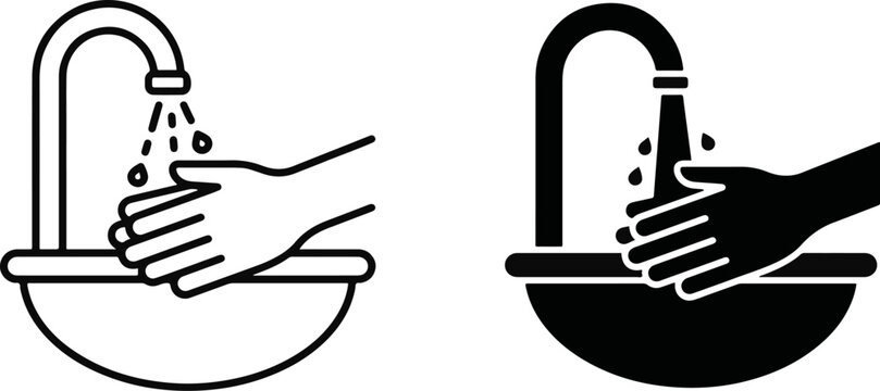 Hand washing hygiene icons depicting proper sanitation steps under a water faucet with hygiene icon washing hands health safety