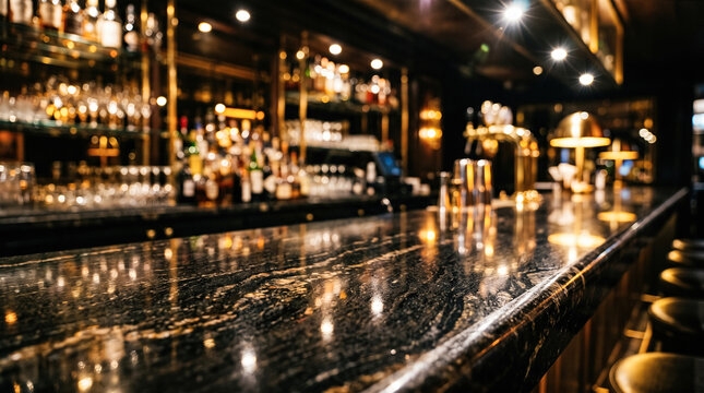Empty polished black marble counter top, stools, beer taps, blurred alcohol bottles standing inside luxury wooden pub bar restaurant evening interior