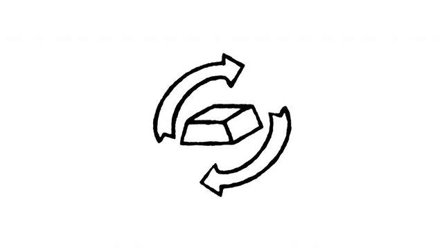Animated doodle icon of gold bars with circular recycle arrows for scrap exchange.