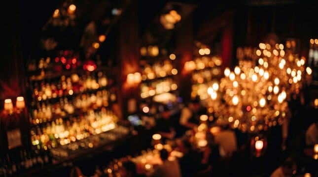 Blurred bar interior featuring glowing liquor shelves and chandeliers to create an elegant nightlife ambiance with golden bokeh, ideal for hospitality marketing and menu design.