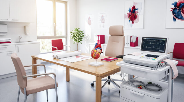 Modern cardiology clinic examination room featuring wooden doctor desk, anatomical heart model, mobile electrocardiogram ECG machine cart, diagnostic medical anatomy posters