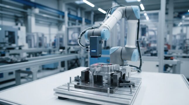 Automated manufacturing cell with collaborative robot, laser scanner, pallet fixture, and machined metal part