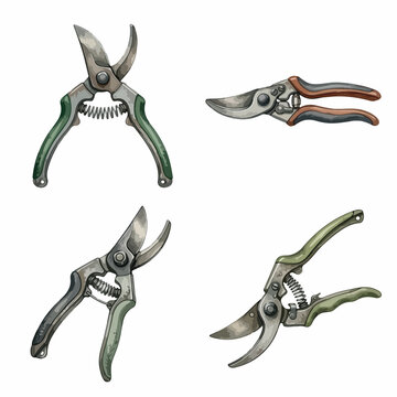Watercolor illustration set of gardening pruners and secateurs for plant care, cutting, and trimming