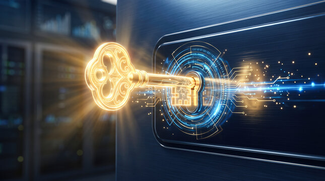 glowing golden ornate key entering futuristic digital keyhole blue circuits metallic server background tridimensional cybersecurity concept data protection privacy network information