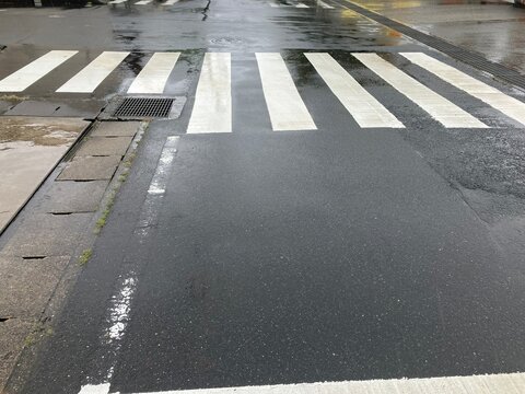 Rainy Japanese Street with a Wet Pedestrian Crosswalk