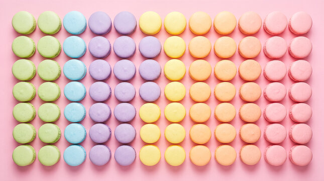 colorful french macarons arranged neat grid pattern pastel pink background top down view sweet dessert pastry bakery food vibrant flat lay layout