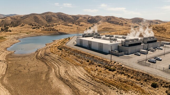 Data Center Water Use Drought With Cooling Tower Vapour Above A Shrunken Reservoir And Cracked Mud Flats In Harsh Afternoon Sun