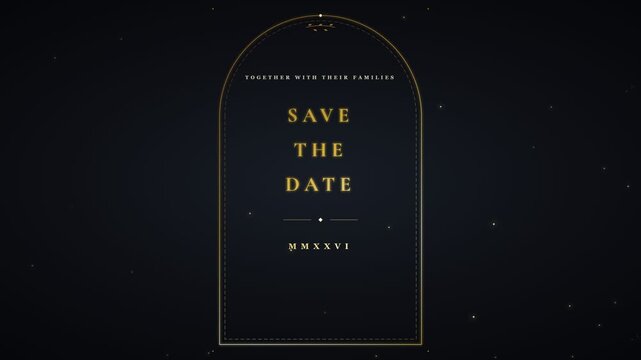 Save the date wedding invitation with gold arch on dark background