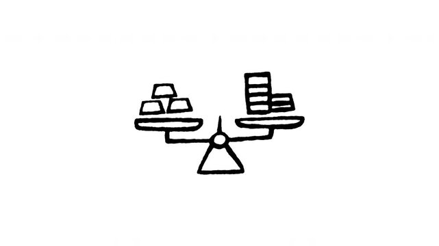 Animated doodle icon of a balance scale weighing gold bars against coins for value.