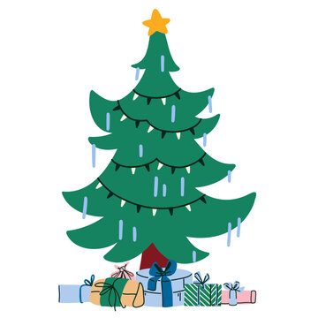 Simple Christmas tree with star, hanging string lights and wrapped presents, minimal festive holiday illustration for greeting cards, gift tags, posters, children books, stickers and seasonal design
