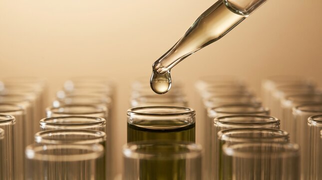 Dropper dispensing liquid into a glass test tube in a laboratory research setting with solution with analysis