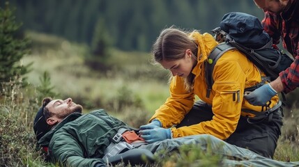 Fototapeta premium A rescuer providing first aid to an injured hiker in a remote wilderness location.